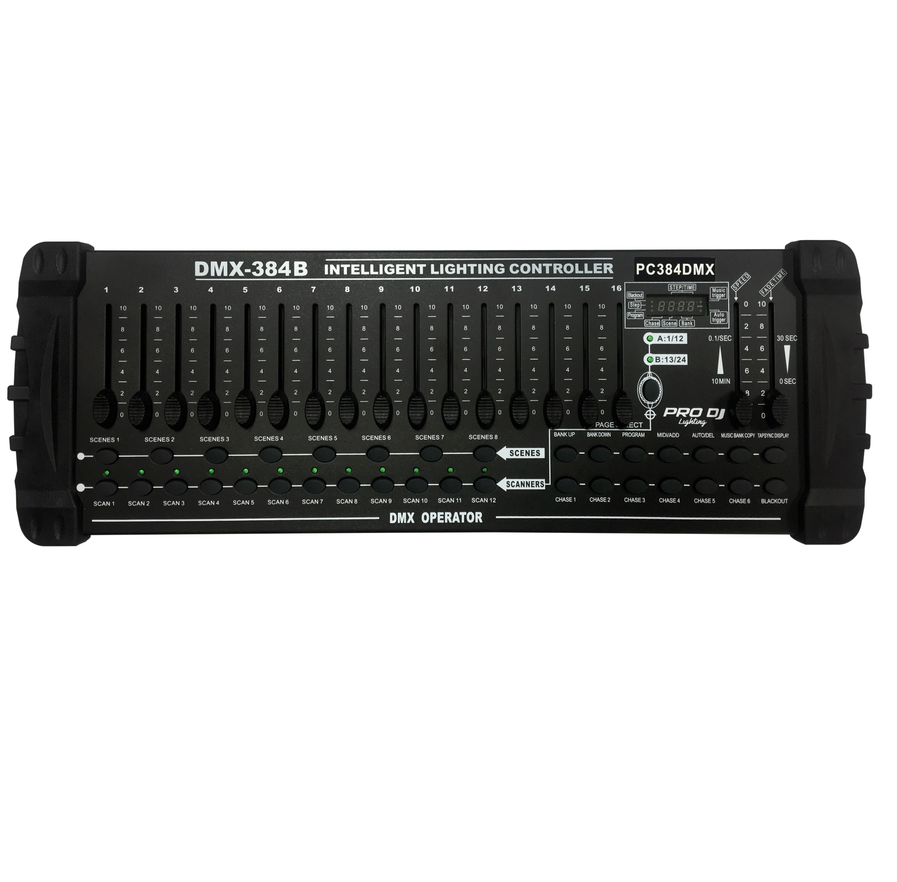 beamZ DMX384 Controlador DMX de 384 canales entradas MIDI USB, 30 bancos con 9 escenas programables, 6 chases, 16 faders, control luces profesional 